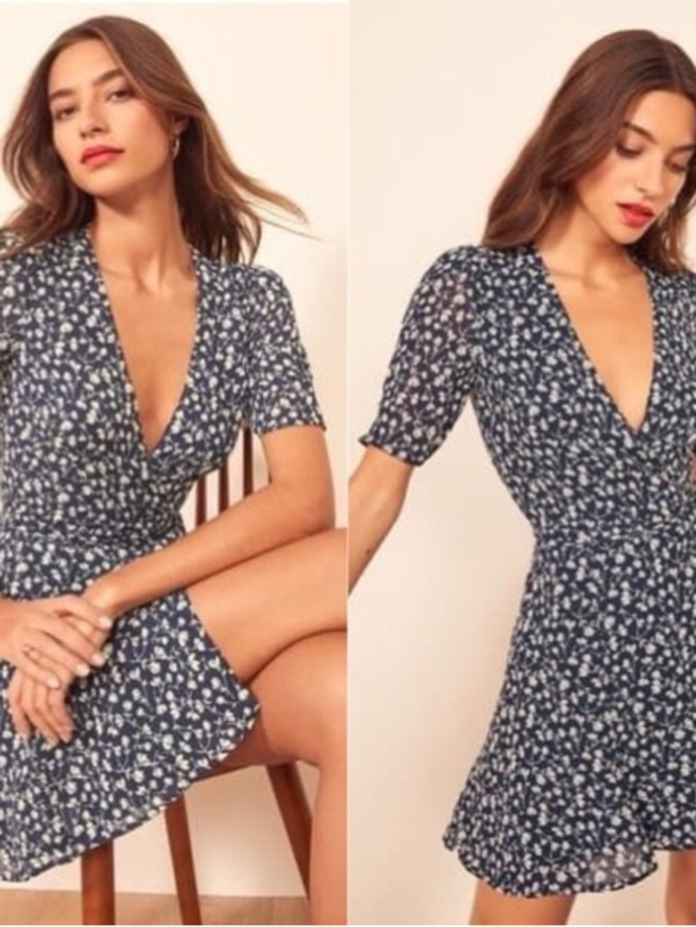REFORMATION Floral Navy V-Neck Wrap Mini Dress